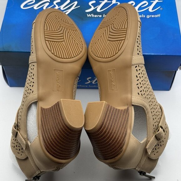 Easy Street Carrigan Sandals 9.5M Sand Peep Toe Booties Cutout Zip Comfort Heel - Picture 5 of 8
